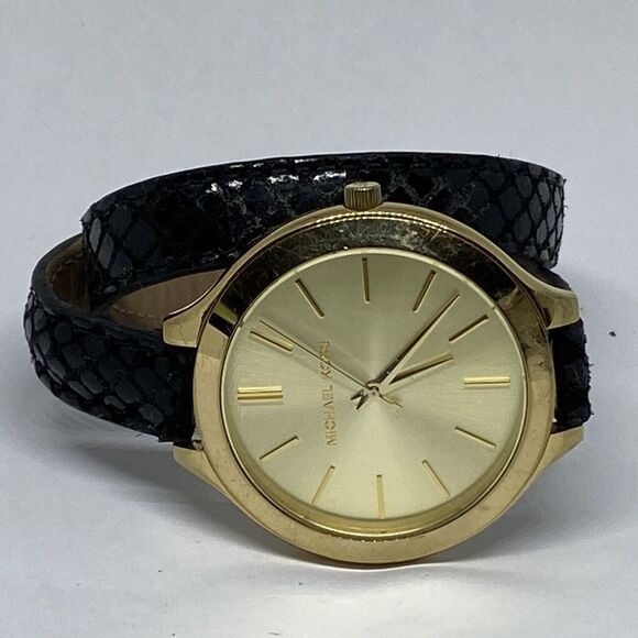 Michael Kors MK2315 Women Black Leather Analog Champagne Dial Quartz Watch XR514 - Picture 7 of 12